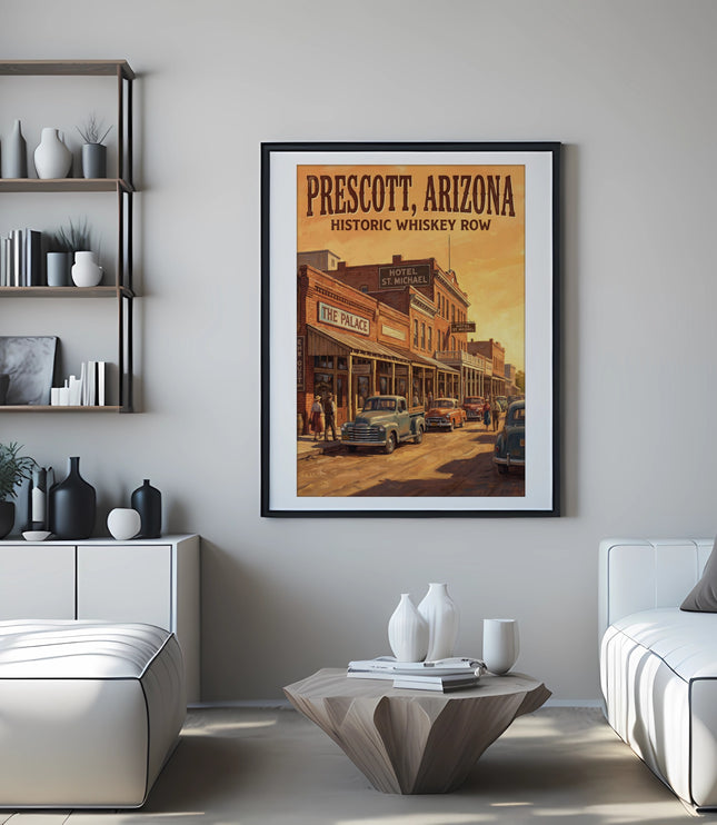 Poster of Prescott, Arizona Historic Whiskey Row with Hotel St. Michael and vintage cars.