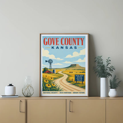 Gove County, Kansas vintage travel poster with windmill and wheat fields.