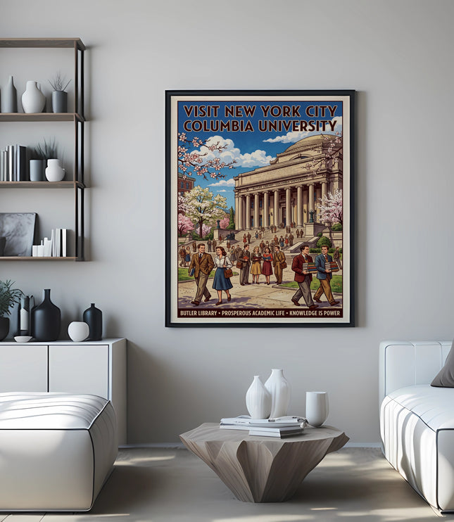 Vintage poster of Columbia University featuring Butler Library, students, and cherry blossoms.