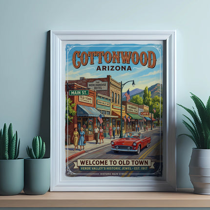 Cottonwood Arizona poster depicting vintage Main Street with shops, people, and red car.