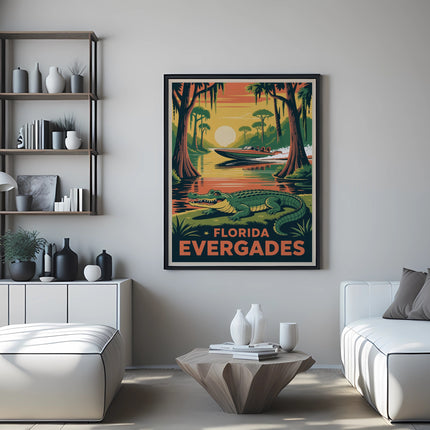 Florida Everglades poster with alligator, boat, and palm trees.