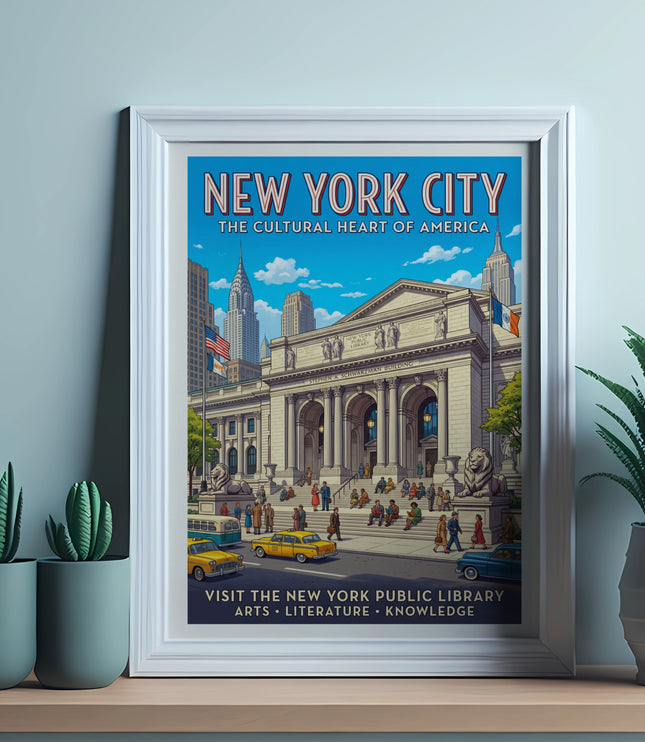 New York City poster with New York Public Library, yellow cabs, and vintage style.