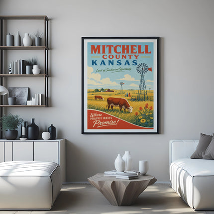Mitchell County Kansas poster with windmill, cows, and prairie landscape.