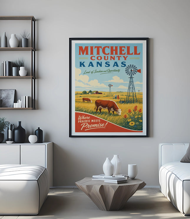 Mitchell County Kansas poster with windmill, cows, and prairie landscape.