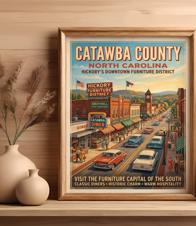 Catawba County, North Carolina retro poster of Hickory's downtown furniture district.
