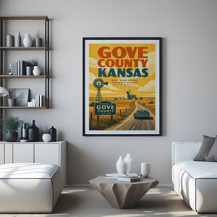 Vintage Gove County Kansas travel poster with car on a road and fields.
