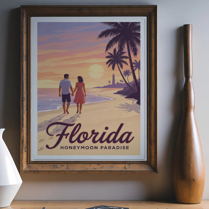 Vintage travel poster of a couple walking on a beach at sunset.