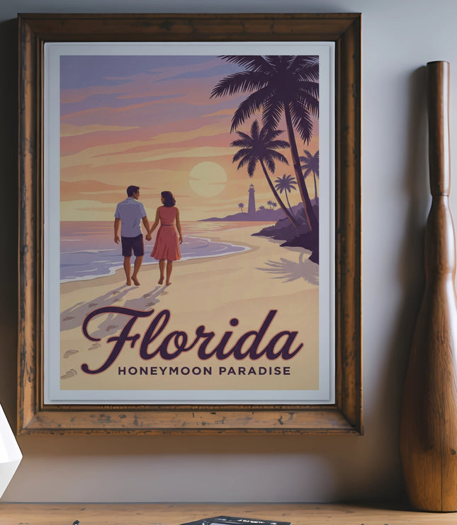 Vintage travel poster of a couple walking on a beach at sunset.