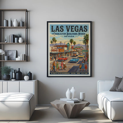 Vintage Las Vegas Charleston Boulevard poster with retro cars and people.