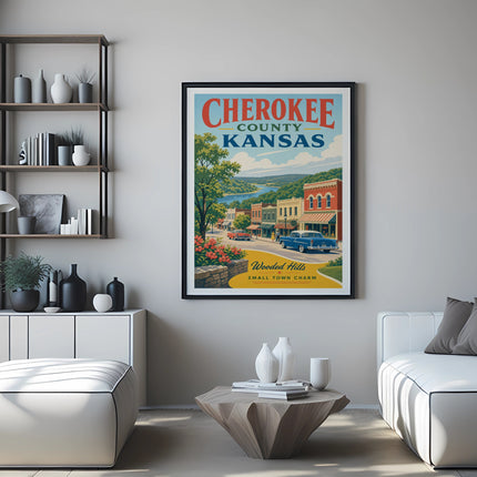 Vintage poster for Cherokee County, Kansas, featuring a small town street scene.