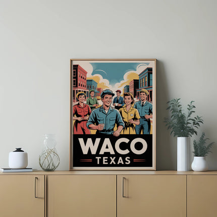 Poster featuring retro figures and "Waco Texas" text on a dresser.