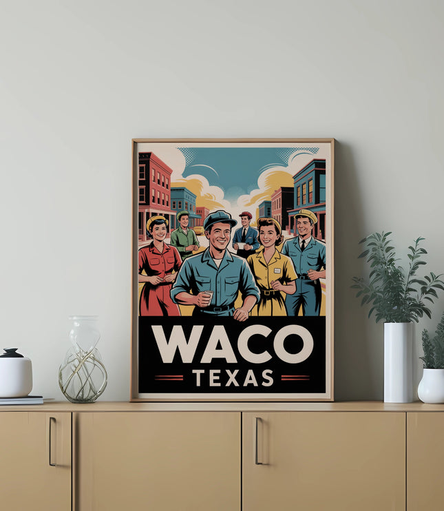 Poster featuring retro figures and "Waco Texas" text on a dresser.