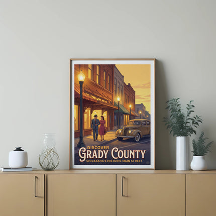 Vintage poster of a couple walking down a street with a classic car and text "Discover Grady County."