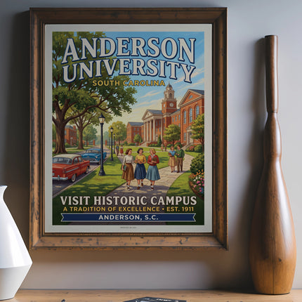 Anderson University historic campus poster with vintage cars and students.