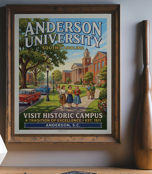Anderson University historic campus poster with vintage cars and students.