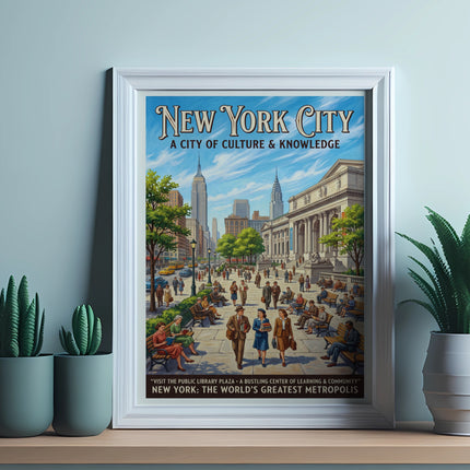 New York City poster with iconic buildings and people, text about culture and learning.