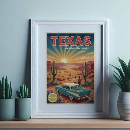 Retro "Texas the Lone Star State" poster in a white frame with cacti and plants.