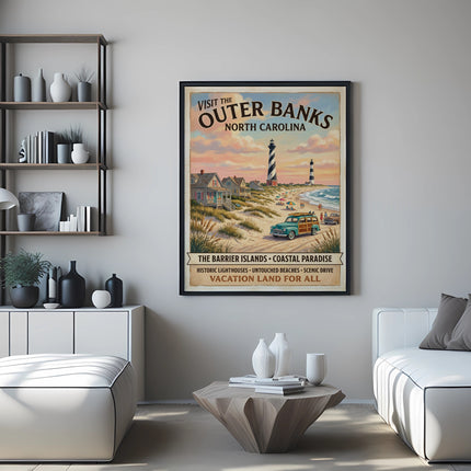Vintage "Outer Banks, North Carolina" poster featuring lighthouses, beach cottages, and a classic car.