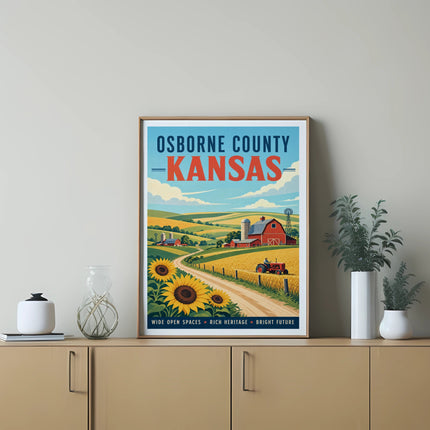 Osborne County, Kansas poster featuring a farm, sunflowers, and rolling hills.