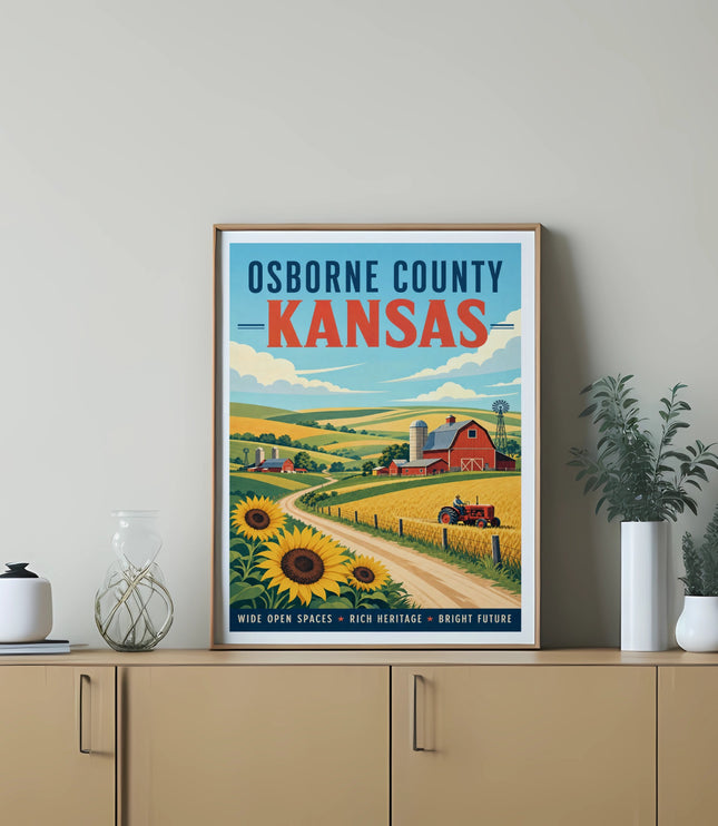 Osborne County, Kansas poster featuring a farm, sunflowers, and rolling hills.