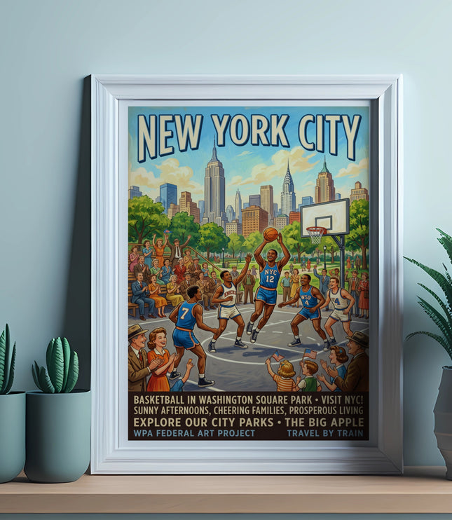 New York City poster with basketball in Washington Square Park and skyline.
