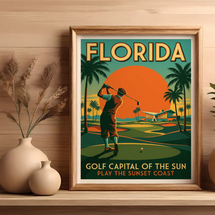 Framed poster of a golfer on a Florida course at sunset.