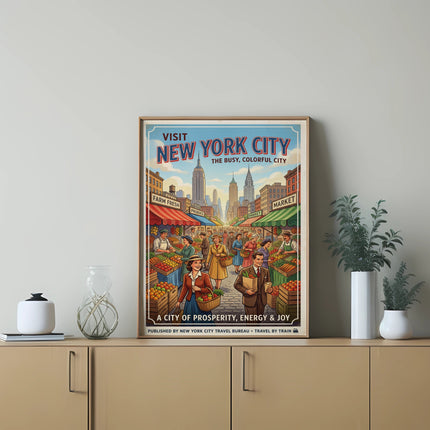 New York City travel poster depicting a bustling market scene with produce stalls and buildings.