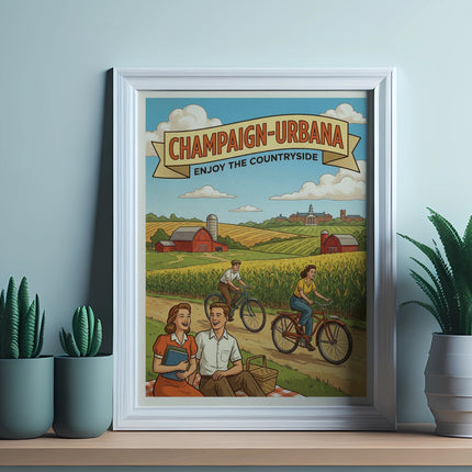 Champaign-Urbana poster of couple picnicking, with people biking.