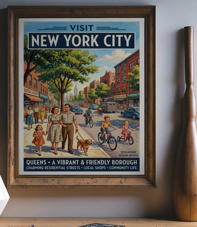 Vintage New York City poster featuring a family walking with dog and kids cycling.