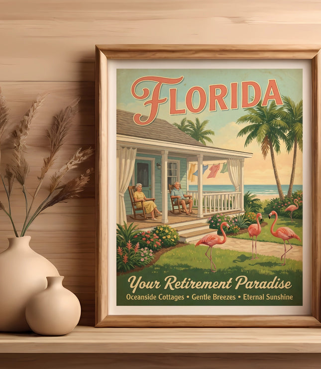 Vintage Florida retirement art with flamingos, beach house, and palm trees.