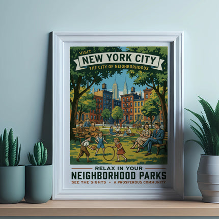 New York City neighborhood parks poster with families enjoying activities.