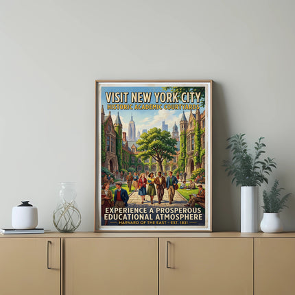 Vintage travel poster for New York City, featuring academic courtyards and text.