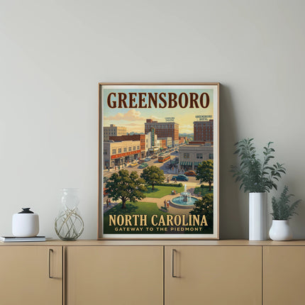 Greensboro North Carolina vintage travel poster with city landmarks and text.