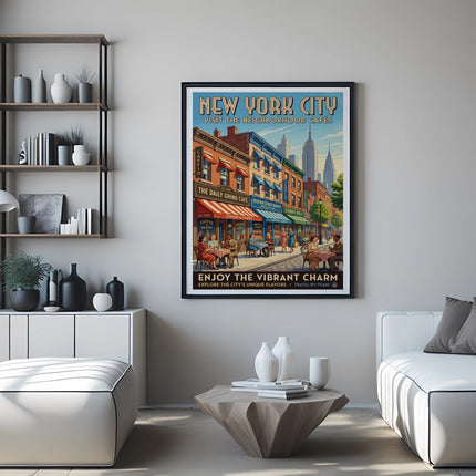 New York City poster featuring neighborhood cafes and a stylized street scene.