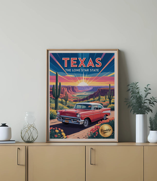Retro red car by cacti and desert landscape with "TEXAS THE LONE STAR STATE" text.