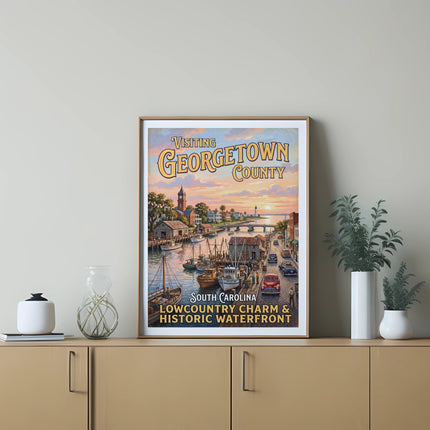 Georgetown County poster with waterfront scene and text about South Carolina charm.