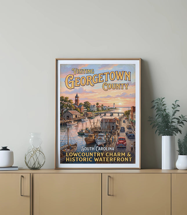 Georgetown County poster with waterfront scene and text about South Carolina charm.