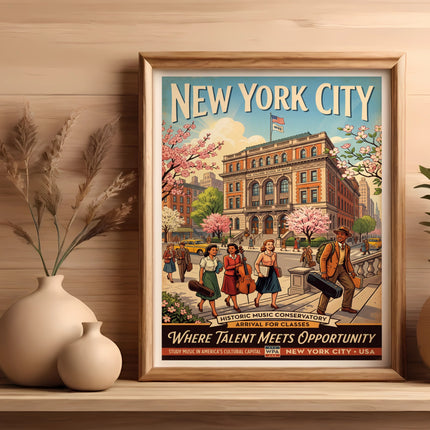 Vintage New York City poster depicting Juilliard School and people in a street scene.