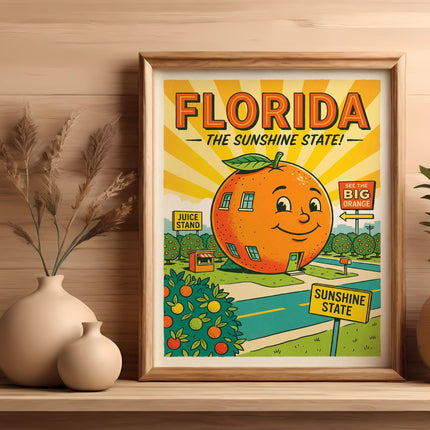 Florida Sunshine State vintage poster with a large orange and juice stand.