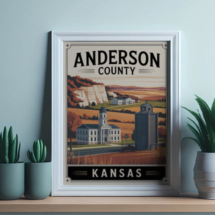 Anderson County Kansas framed print with buildings and a plant.