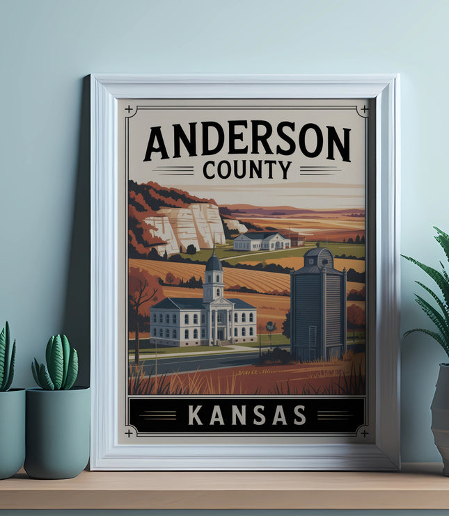 Anderson County Kansas framed print with buildings and a plant.