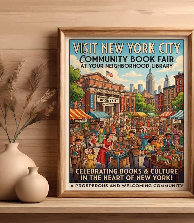 Vintage poster for New York City Community Book Fair at neighborhood library.