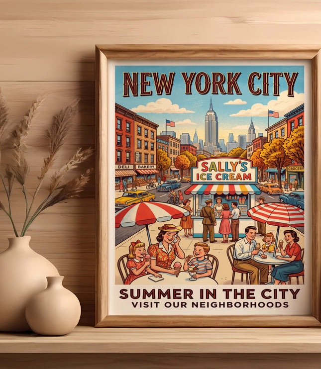 New York City summer scene with Sally's Ice Cream and Empire State Building.