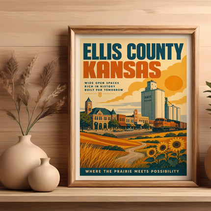 Ellis County Kansas vintage travel poster with sunflowers and grain elevator.