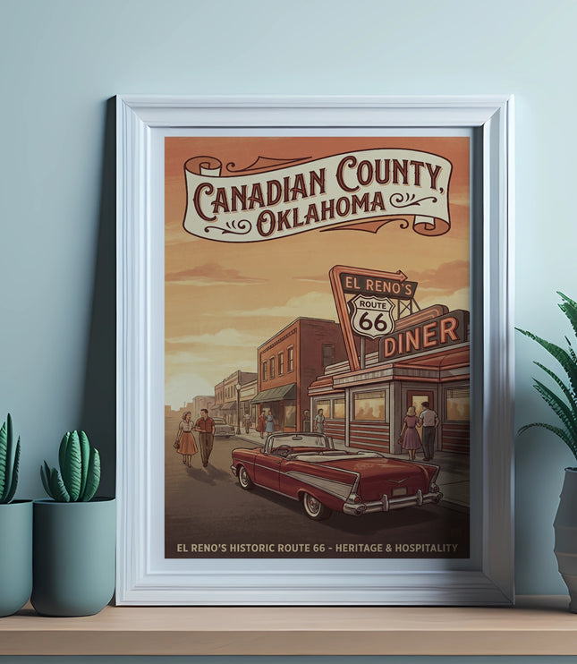 Framed poster showing Canadian County, Oklahoma, diners, and a classic red car.