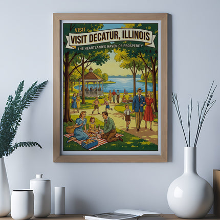 Vintage travel poster for "Visit Decatur, Illinois" with families picnicking in a park.