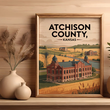 Framed artwork of Atchison County, Kansas, featuring a historic building and rural landscape.