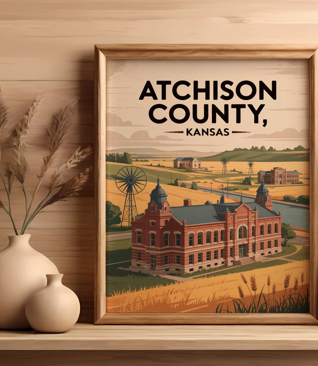 Framed artwork of Atchison County, Kansas, featuring a historic building and rural landscape.