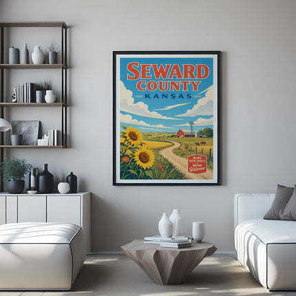 Seward County Kansas framed poster with sunflowers, farm, and red barn.