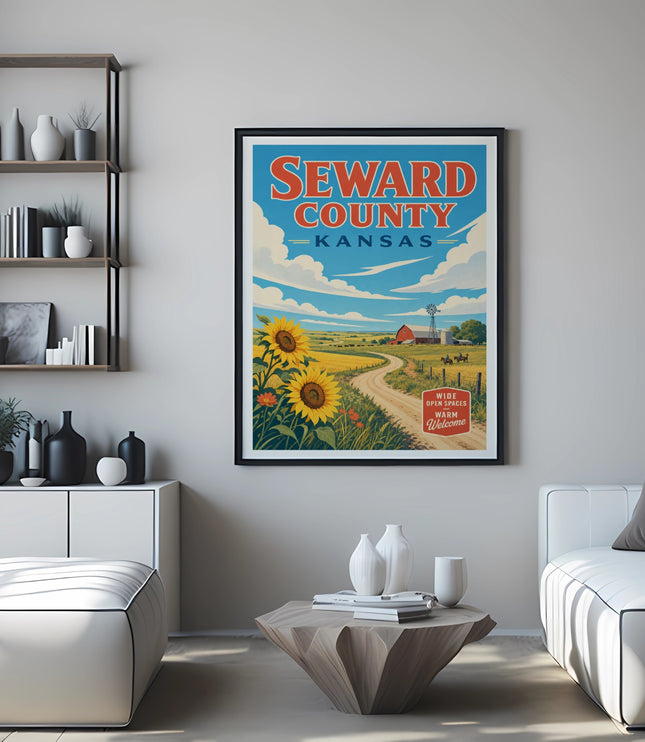 Seward County Kansas framed poster with sunflowers, farm, and red barn.